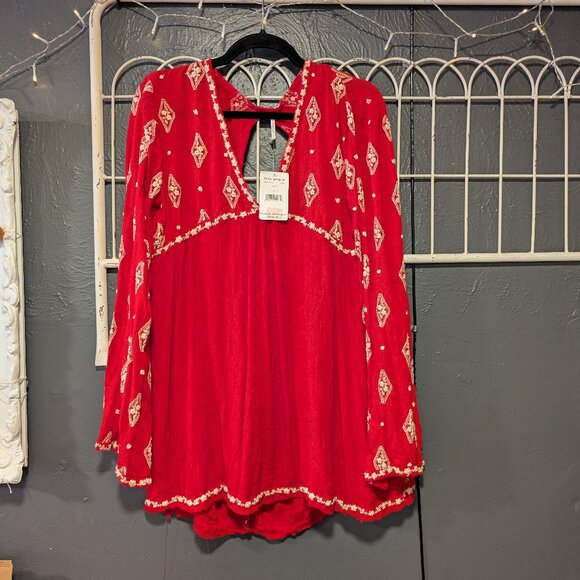BNWT Free People Red with Cream Embroidery Dress. Size S - Picture 1 of 6